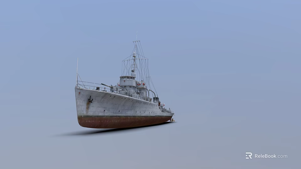 Old Vintage Warship With White Hull Red Bottom And Masts Against Blue Sky 3d model 