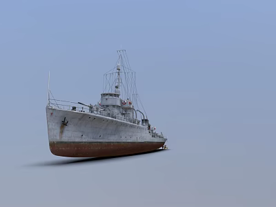 Old Vintage Warship With White Hull Red Bottom And Masts Against Blue Sky 3d model