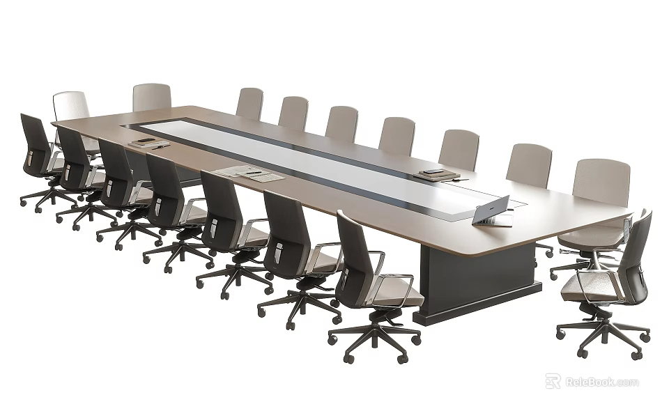 Modern Long Conference Table In Office Meeting Room With Wheeled Office Chairs And Light Top 3d model 