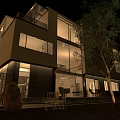 Modern Detached Villa With Large Glass Windows White Dark Exterior Lawn And Trees