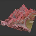 Traditional Multi Layered Pagoda Building With Cherry Blossom Trees And Garden Paths