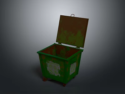 Building Exterior Green Rusty Trash Can With Open Lid White Sticker And Wheels 3d model