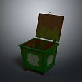 Building Exterior Green Rusty Trash Can With Open Lid White Sticker And Wheels