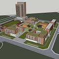 Modern Red Brick School Buildings With Multiple Structures Blue Sky Background And Green Lawn Areas