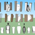 Modern Bathroom Fixtures Collection Featuring Toilets Urinals Sinks And Wooden Panels