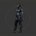 Futuristic Female Game Character In Blue And Black Armor Standing Pose