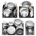 Stainless Steel Kitchen Cookware Set With Pots Pans Plates Spoons Knives And Storage Rack