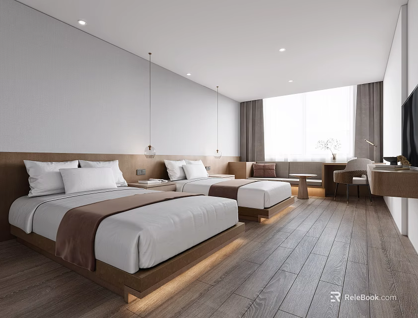 Modern Hotel Guest Room With Two Beds Wooden Flooring White Bedding And Window Curtains 3d model 