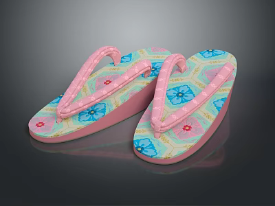 Cute Floral Print Flip Flops with Pastel Pink Straps and Colorful Accents 3d model