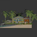 Colorful Tropical Cartoon Scene With Yellow House Blue Roof Palm Trees Beach And Lifeguard Tower