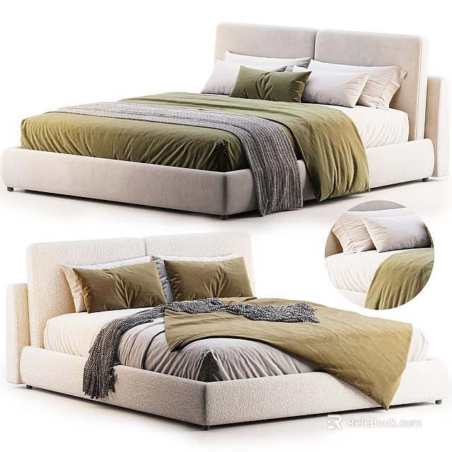 Modern Double Bed With Green Bedspread Gray Blanket Soft Pillows And Upholstered Headboard 3d model 