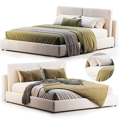 Modern Double Bed With Green Bedspread Gray Blanket Soft Pillows And Upholstered Headboard 3d model