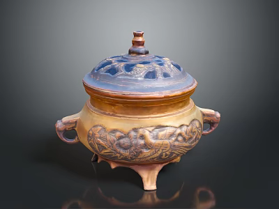 Ornate Antique Ceramic Censer With Carved Patterns Covered Lid Side Handles And Tripod Base 3d model