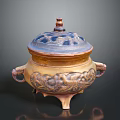 Ornate Antique Ceramic Censer With Carved Patterns Covered Lid Side Handles And Tripod Base