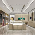 Modern Jewelry Store Interior With Display Cases Beige Counters Decorative Paintings And Lighting