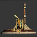 Egyptian Themed Decorative Throne With Colorful Circular Backdrop Golden Armrests And Multi Tiered Steps