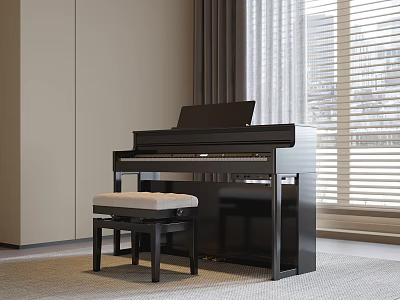 Elegant Black Piano Musical Instrument In Bright Room With Window Curtain Stool And Carpet 3d model