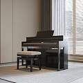 Elegant Black Piano Musical Instrument In Bright Room With Window Curtain Stool And Carpet