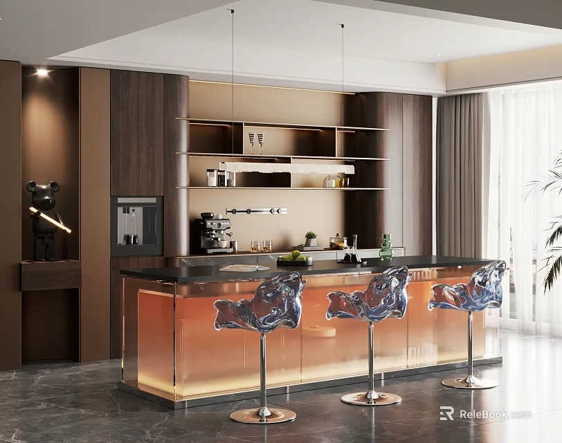 Elegant Modern Restaurant Interior With Bar Counter Stools Wooden Wall Coffee Machine And Green Plants 3d model 
