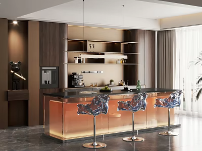 Elegant Modern Restaurant Interior With Bar Counter Stools Wooden Wall Coffee Machine And Green Plants 3d model