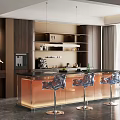 Elegant Modern Restaurant Interior With Bar Counter Stools Wooden Wall Coffee Machine And Green Plants