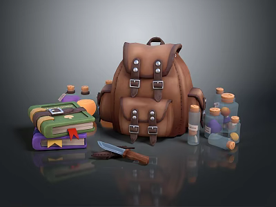 Durable Brown Leather Backpack With Metal Buckles Books Knife And Bottles 3d model