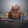 Durable Brown Leather Backpack With Metal Buckles Books Knife And Bottles