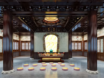 Traditional Chinese Religious Temple Interior With Buddha Statue Altar And Prayer Cushions 3d model