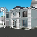 Modern Two Story Detached Villa With Garage Sports Car Driveway And Palm Trees At Sunset