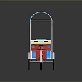 Red Bicycle with Blue and Yellow Striped Canopy and Blue White Cart