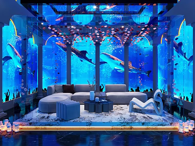 Ocean Theme KTV Lounge Featuring Marine Murals Dolphins Sharks Arched Decorations Jellyfish Lighting Luxury Sofa 3d model