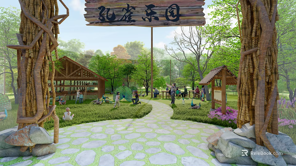 Chilong Park Landscape With Wooden Sign Green Trees Stone Path Grassland And Purple Flowers 3d model 
