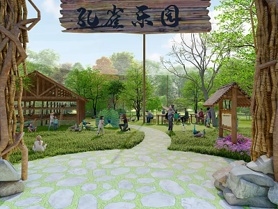 Chilong Park Landscape With Wooden Sign Green Trees Stone Path Grassland And Purple Flowers 3d model