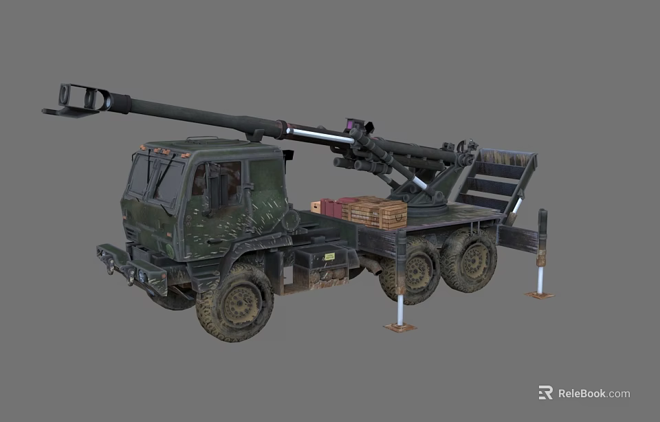Military Camouflage Truck Equipped With Crane And Cargo Boxes On Flatbed 3d model 