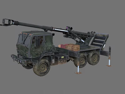 Military Camouflage Truck Equipped With Crane And Cargo Boxes On Flatbed 3d model