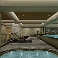 Modern Indoor Swimming Pool Interior With Wooden Ceiling And Relaxation Loungers