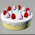 Colorful Decorated Cake With White Frosting Yellow Base Red Strawberry Toppings And Pink Meringue Candles
