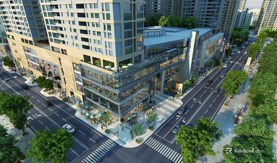 Modern Multistory Commercial Building With Glass Facade Along Street With Pedestrians Vehicles And Greenery 3d model 
