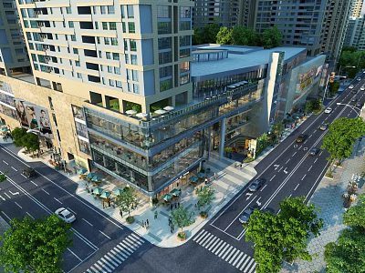 Modern Multistory Commercial Building With Glass Facade Along Street With Pedestrians Vehicles And Greenery 3d model