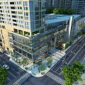 Modern Multistory Commercial Building With Glass Facade Along Street With Pedestrians Vehicles And Greenery
