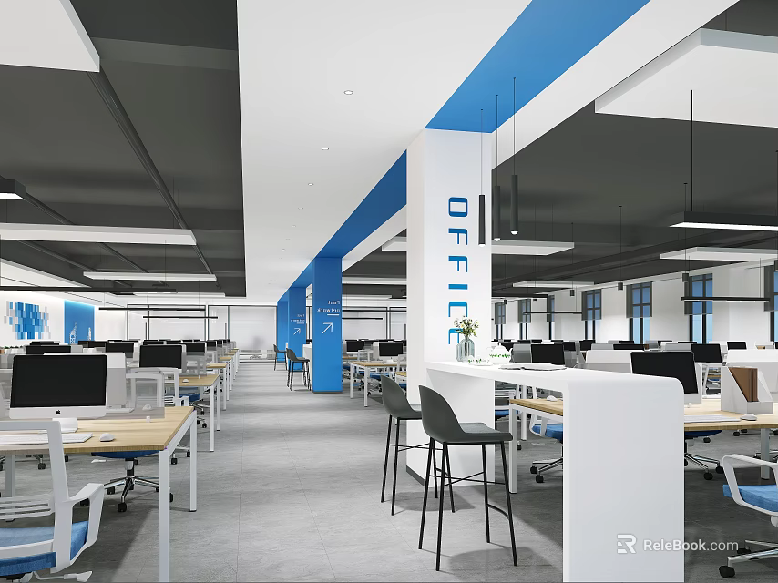 Modern Public Office Space With Open Layout Blue Accents Workstations And Computers 3d model 