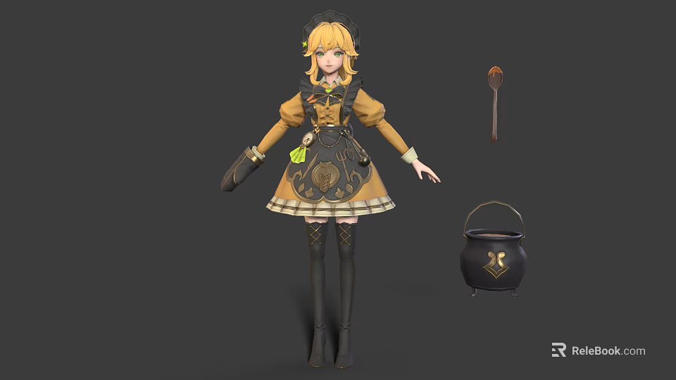 Blonde Haired Anime Character With Animal Pattern Apron Near Cooking Pot And Spoon 3d model 