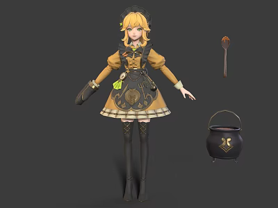 Blonde Haired Anime Character With Animal Pattern Apron Near Cooking Pot And Spoon 3d model
