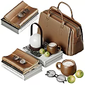 Decorative Ornament Set Featuring Brown Leather Bag White Spherical Lamp Coffee Mugs Green Apples And Books