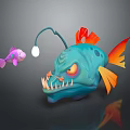 Teal angler fish featuring red fins sharp teeth and bioluminescent lure near purple pink fish