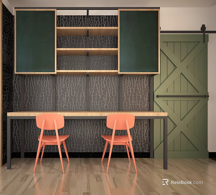 Modern Functional Desk With Orange Chairs Green Cabinet Doors Open Shelves And Dark Textured Wall 3d model 