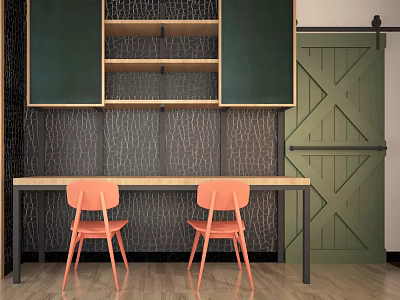 Modern Functional Desk With Orange Chairs Green Cabinet Doors Open Shelves And Dark Textured Wall 3d model