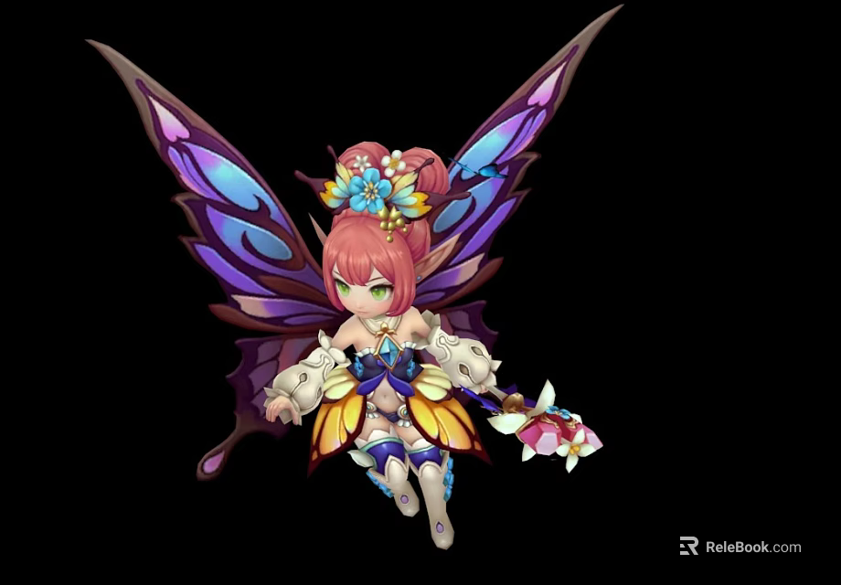 Cute Fairy Game Movie Character With Pink Hair Flower Decoration And Purple Blue Butterfly Wings 3d model 