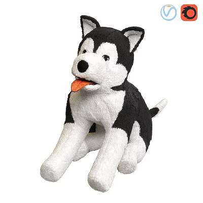 Cute Black And White Husky Stuffed Toy Sitting With Tongue Out 3d model