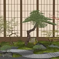 Japanese Garden Ornament with Curved Pine Tree Rock Path Moss and Red Maple